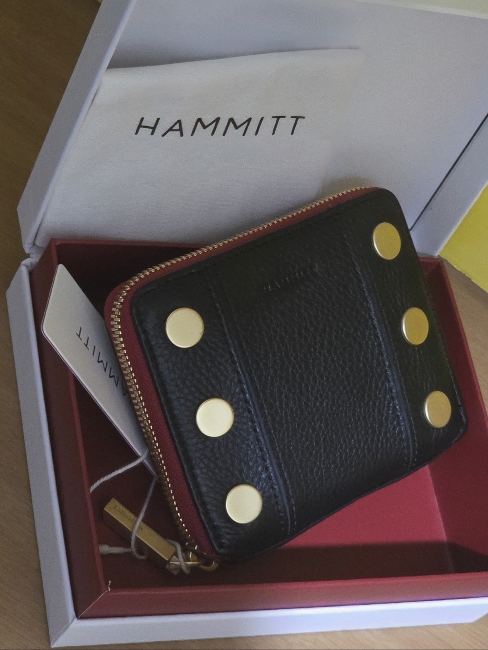 Hammitt Black Leather Zip Wallet with Gold Stud Accents and Red Zip - Picture 3 of 6